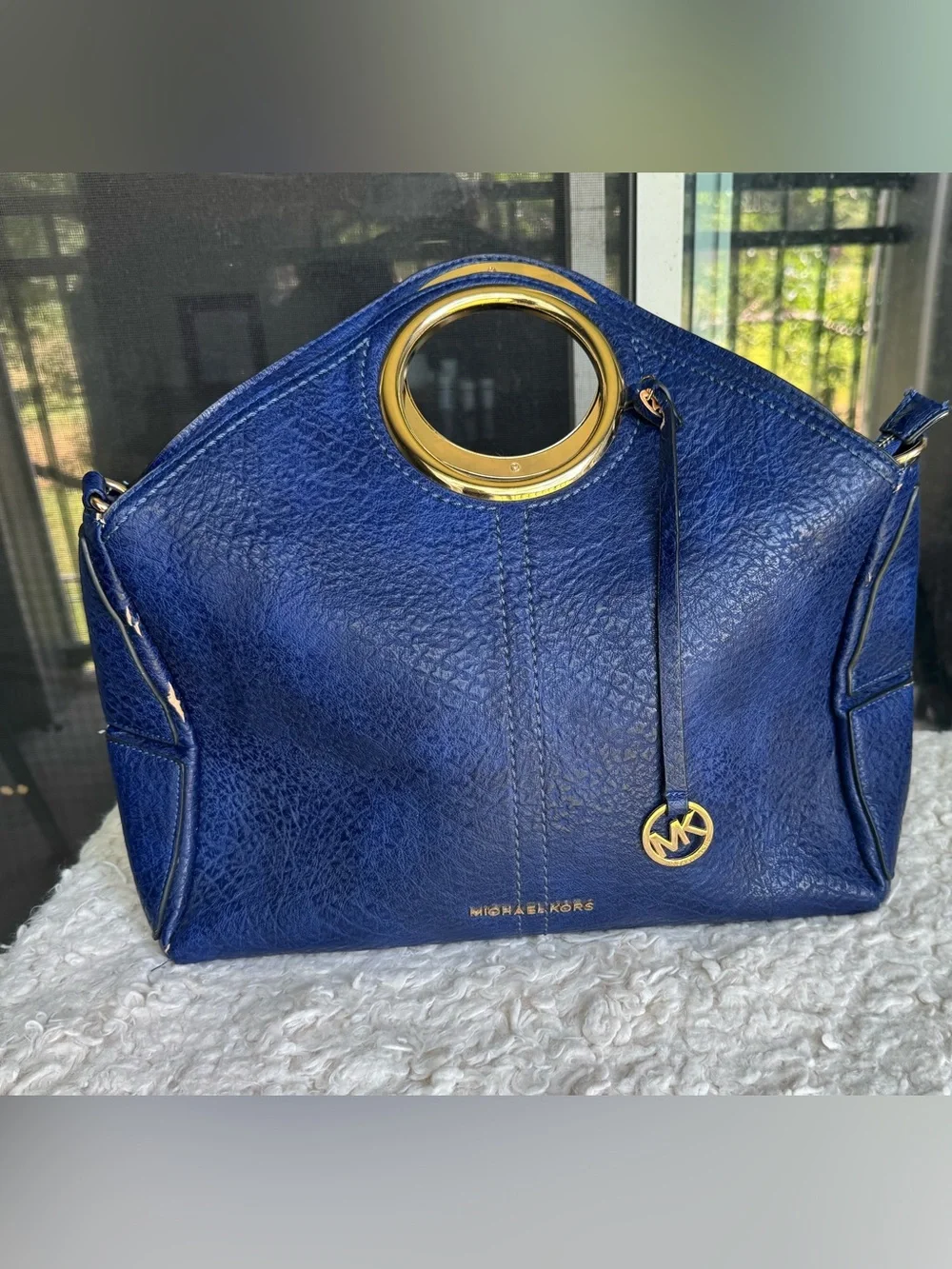 Michael Kors Navy Leather Ring-Handle Satchel with Gold Hardware